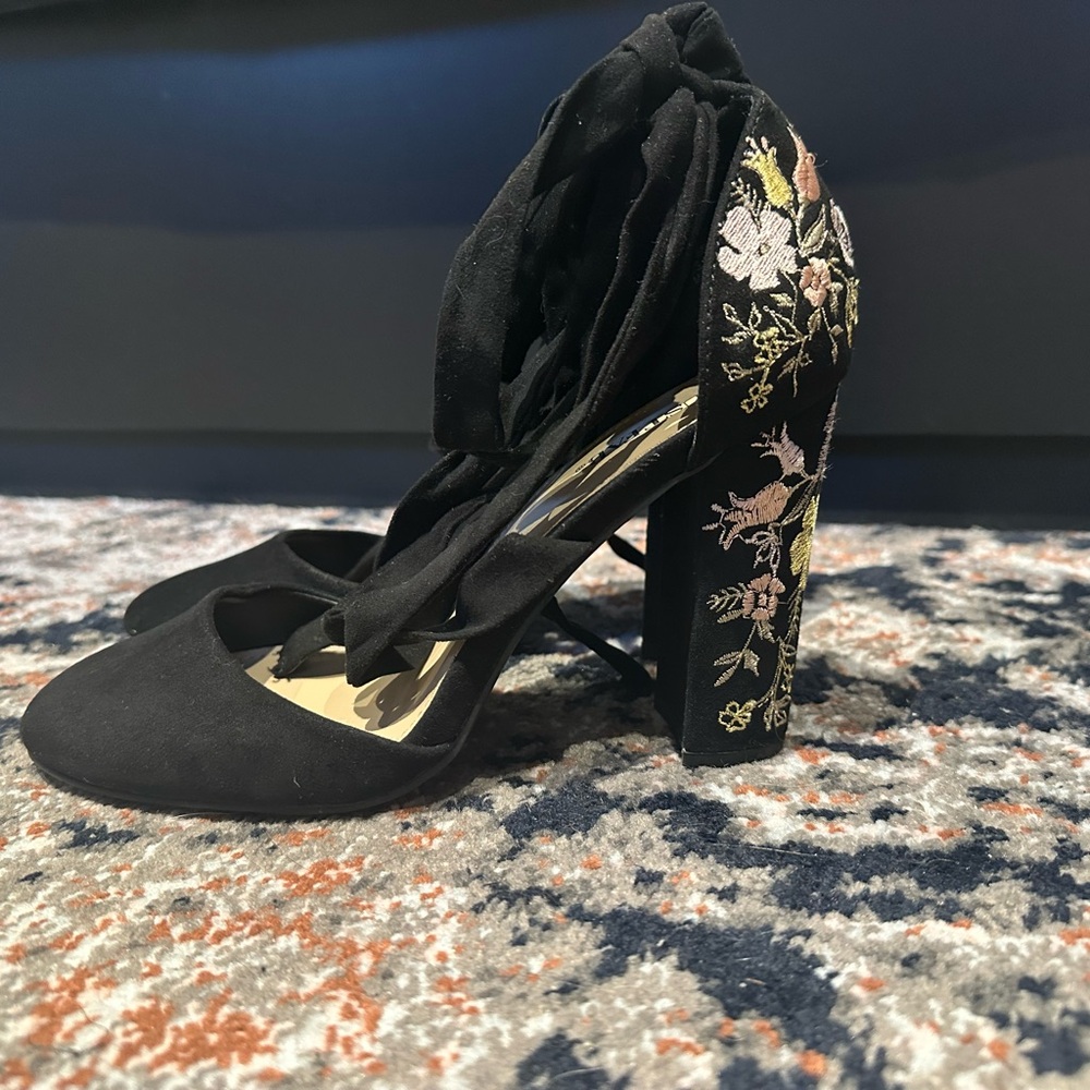 Embroidered Black Women's Heels